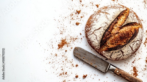 Rustic sourdough bread loaf with bread crumbs and serrated knife on white background. photo