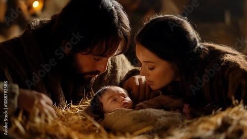 Joseph and Mary surround Jesus in the manger when he is a baby. photo