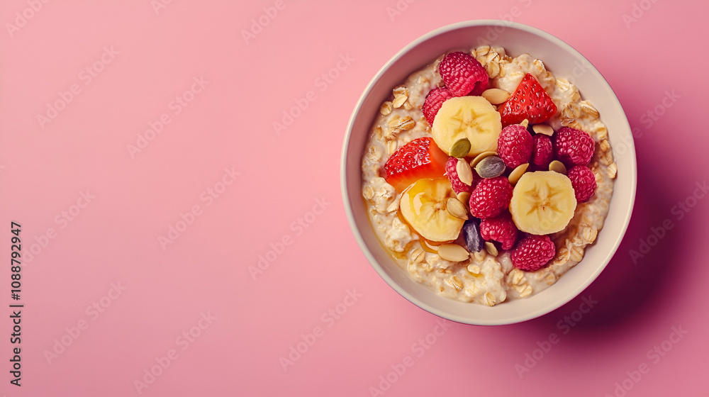 Bowl of oatmeal topped with fruit seeds and honey placed on a pastel coral background for a fresh look Copy space Bowl of oatmeal topped with fruit seeds and honey placed on a pastel coral background for a fresh look Copy space