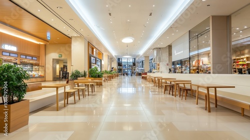 Empty Food Court with Wooden Tables and Benches in a Modern Mall