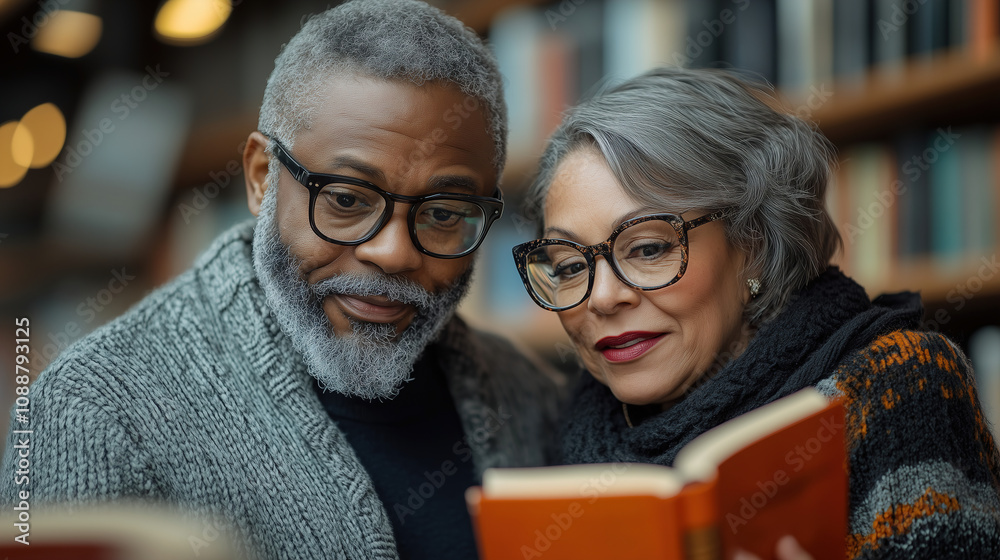 Couple enjoys reading together in a cozy library filled with books during a quiet afternoon. Generative AI Couple enjoys reading together in a cozy library filled with books during a quiet afternoon. Generative AI