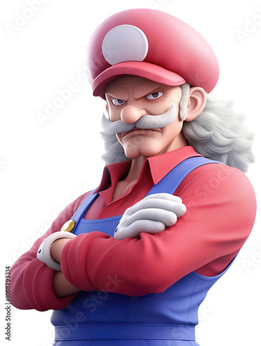 3D character in red hat and blue overalls with serious expression