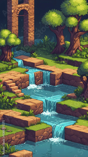 Pixel game level design. Platform game asset, fantasy 8 bit environment. Building with stone steps