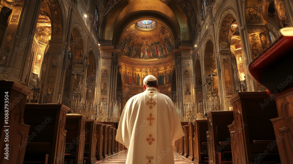 A man in a white robe stands in a large church A man in a white robe stands in a large church