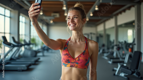 Trendy Young Woman Takes a Cheerful Selfie in a Modern Gym Setting