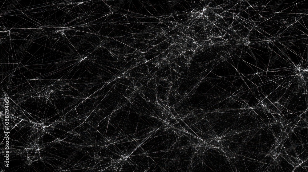 Abstract grayscale image of tangled lines resembling a spiderweb on a black background.