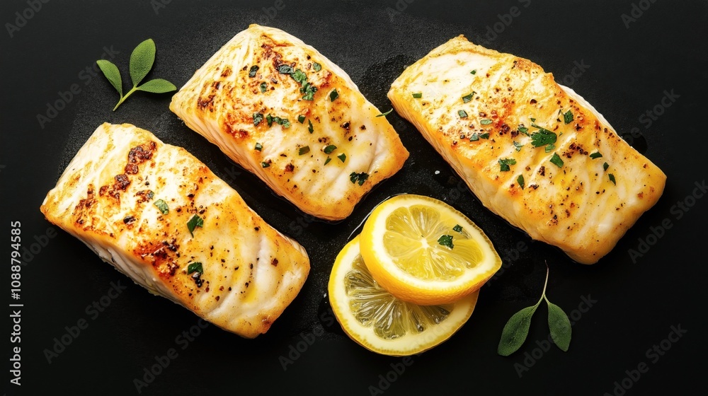 Three grilled fish fillets garnished with herbs and served with fresh lemon slices and green leaves on a black surface. Three grilled fish fillets garnished with herbs and served with fresh lemon slices and green leaves on a black surface.
