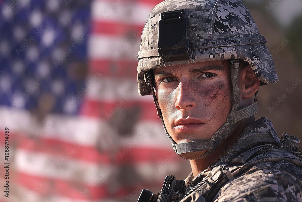 soldier in modern american uniform, with the flag of USA soldier in modern american uniform, with the flag of USA