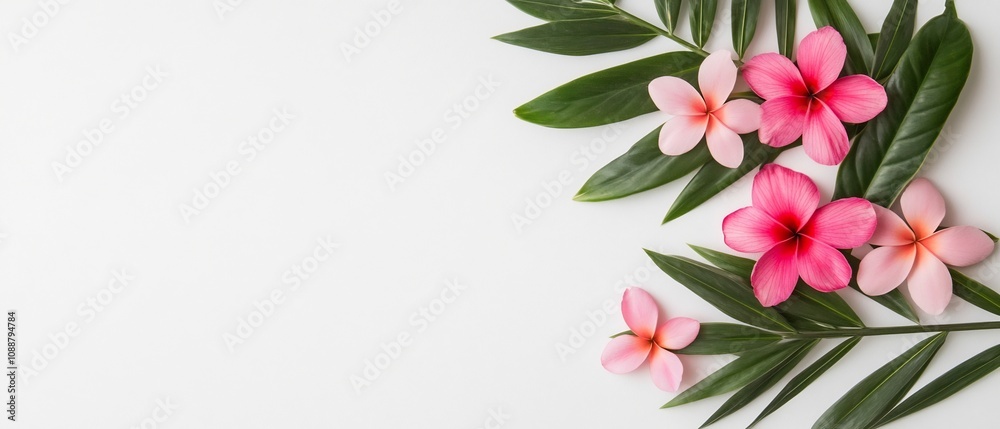 Fototapeta premium Bright Pink Tropical Flowers with Green Foliage on Plain White Background