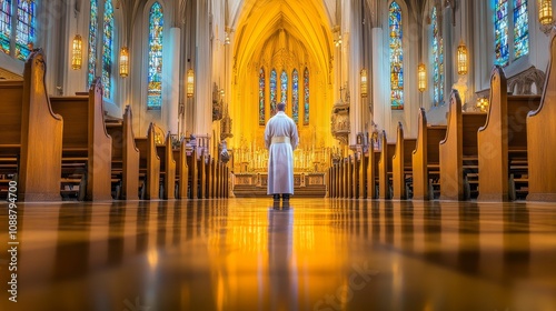 A man stands in the middle of a large church with many pews