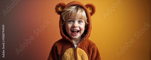 Child in brown bear costume smiles widely against an orange and yellow backdrop