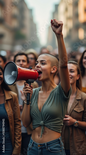 Young Women Activist Passionately Addresses Crowd With Megaphone During Rally
