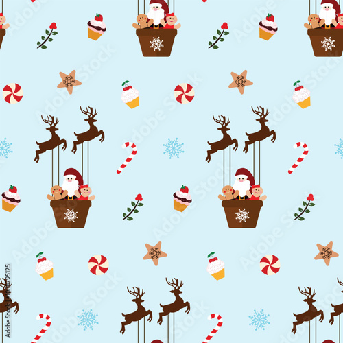 Merry Christmas pattern on blue background. santa cookies candy cupcake airship footage digital printing fashion