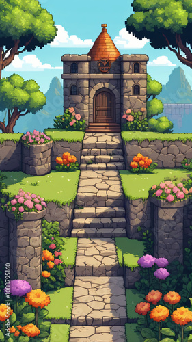 Pixel game level design. Platform game asset, fantasy 8 bit environment. tower, field, flowers