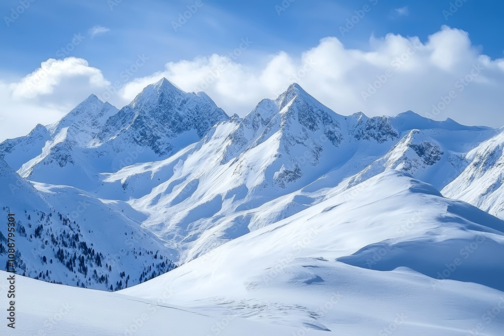 Stunning winter mountain landscape featuring snow covered slopes and majestic snow capped peaks Stunning winter mountain landscape featuring snow covered slopes and majestic snow capped peaks