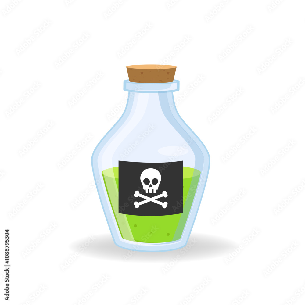 Magic poison potion. Alchemist bottle with elixir, poison, antidote. Vector illustration magical laboratory ingredients in bottle for poisoning