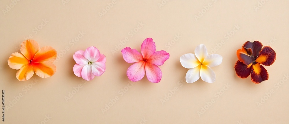 Obraz premium Symmetrical Arrangement of Vibrant Tropical Flowers on Neutral Background