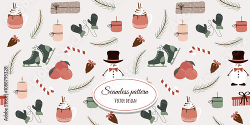 A beautiful, festive seamless pattern with tangerines, a snowman and Christmas sweets. Vector design for fabric, wallpaper, wrapping paper and more.