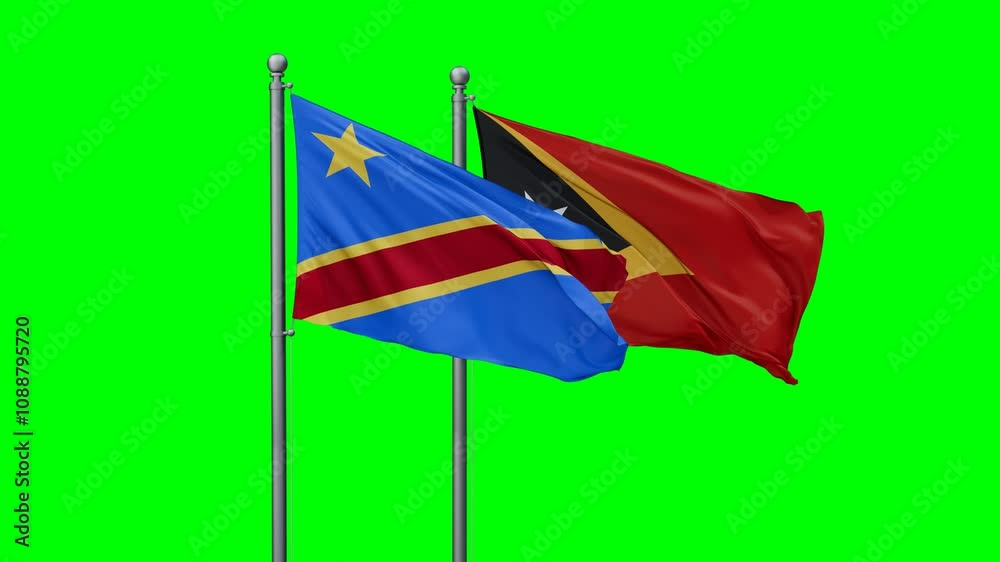 East Timor and Congo-Kinshasa flags flying together, video concept of the relationship with colored chroma key for easy background remove, two country cooperation concept East Timor and Congo-Kinshasa flags flying together, video concept of the relationship with colored chroma key for easy background remove, two country cooperation concept