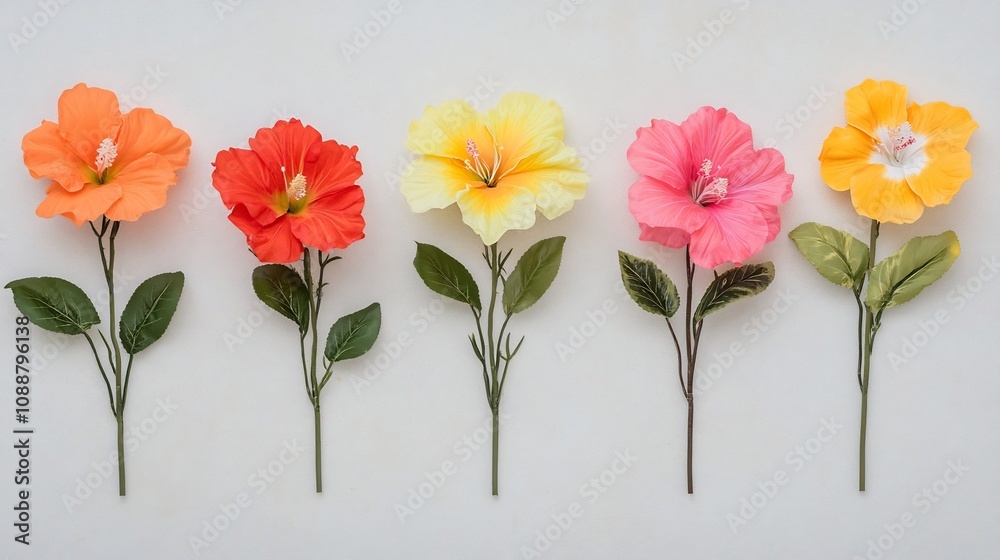 Bright Tropical Flowers Arranged in Single File Formation on Clean White Background Bright Tropical Flowers Arranged in Single File Formation on Clean White Background