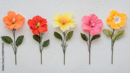 Bright Tropical Flowers Arranged in Single File Formation on Clean White Background