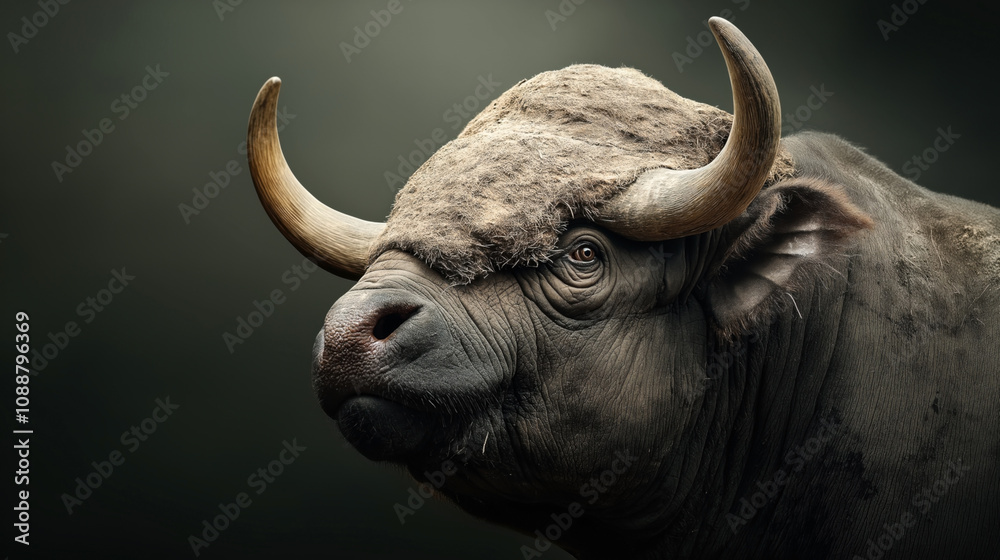 Close-up portrait of a buffalo with large curved horns and a textured hide, set against a neutral background. Close-up portrait of a buffalo with large curved horns and a textured hide, set against a neutral background.