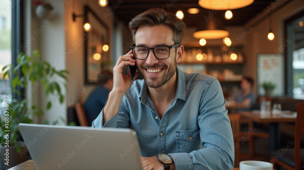 Man With Glasses Enjoys Conversation on Phone While Working in Modern Cafe Man With Glasses Enjoys Conversation on Phone While Working in Modern Cafe