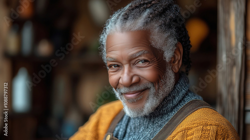 Elderly man with gray hair and braided locks smiles warmly in rustic setting during daytime. Generative AI