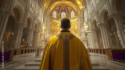 A man in a yellow robe stands in front of a large church