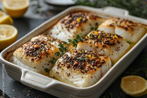 Baked Herb-Crusted Fish Dish with Lemon and Pepper Seasoning for Culinary Inspiration