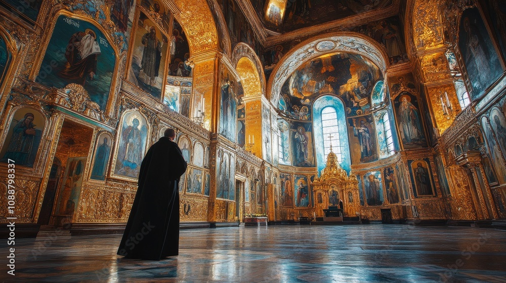 Fototapeta premium A man stands in a large room with gold and blue decorations