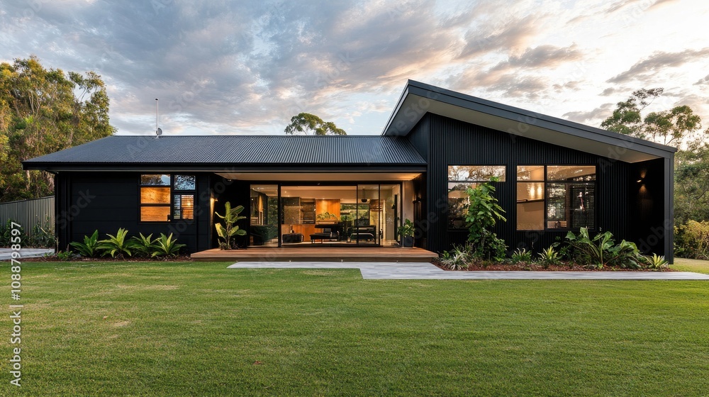 Modern black house with large windows, patio, and green lawn. Modern black house with large windows, patio, and green lawn.