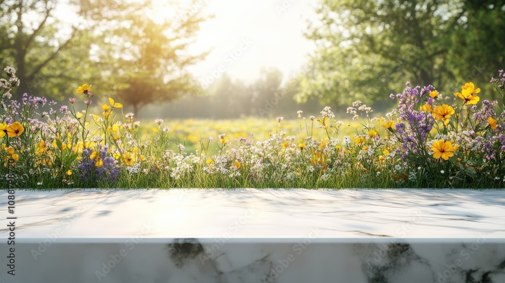 Fototapeta premium Vibrant wildflowers bloom in a sunlit meadow, creating a serene and refreshing scene.