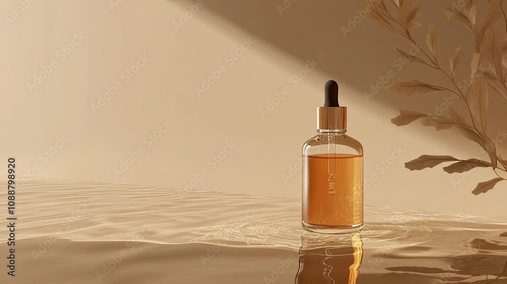 Amber serum bottle on water surface with sunlight and plant. Amber serum bottle on water surface with sunlight and plant.