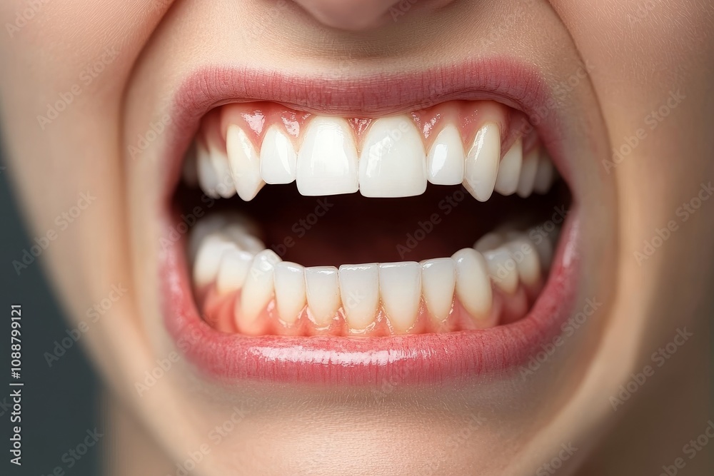 Close-up of an open mouth showcasing healthy teeth and gums in a clinical setting during a dental examination