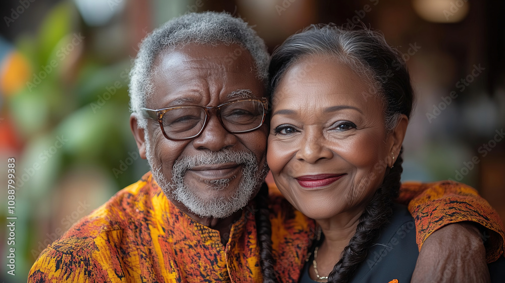 Elderly couple embraces each other with joy in a warm, vibrant setting during a sunny afternoon gathering. Generative AI