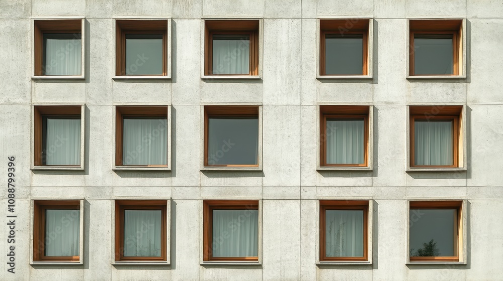 Modern Architectural Design Featuring Symmetrical Windows with Wooden Frames and Glass Panes on a Concrete Wall in Urban Environment