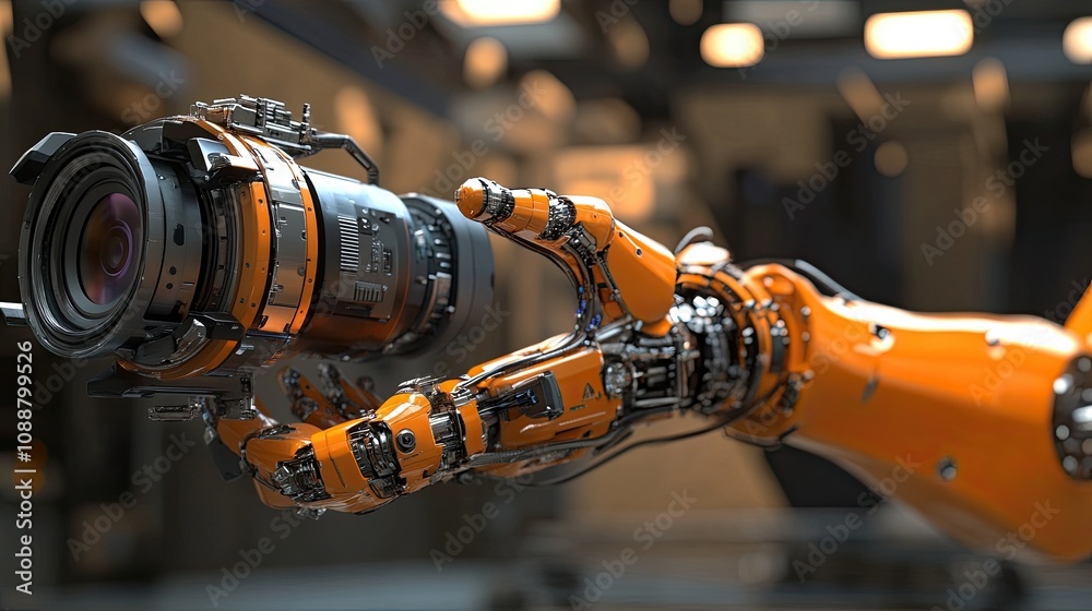 Obraz premium Robotic arm manipulating a high-tech camera lens in a factory.