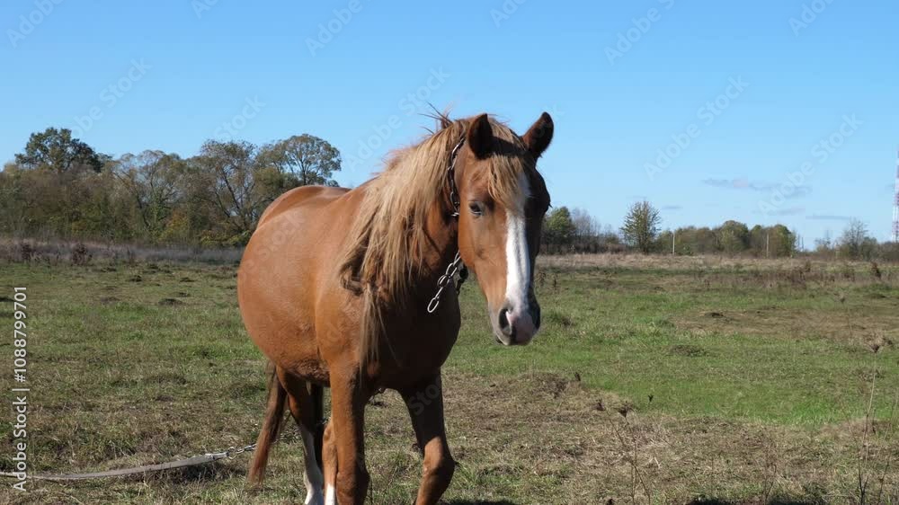 Horses graze in the field. Agriculture. Caring for horses.
