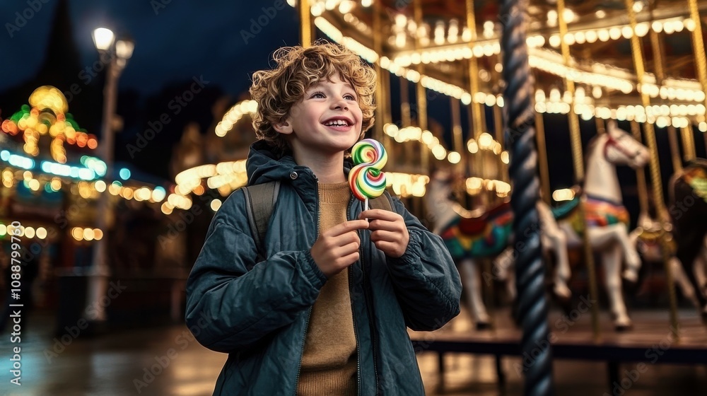 Smiling boy with curly hair holding a colorful lollipop at a nighttime amusement park, with a carousel in the background Smiling boy with curly hair holding a colorful lollipop at a nighttime amusement park, with a carousel in the background