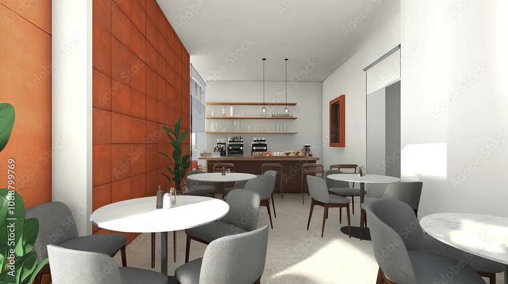 Modern cafe interior with orange wall, round tables, and grey chairs. Modern cafe interior with orange wall, round tables, and grey chairs.