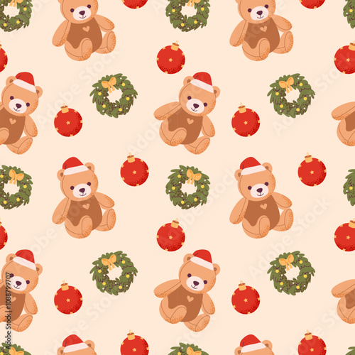 A cozy, festive Christmas pattern featuring teddy bears and wreaths for the holiday season. Seamless pattern for Wrapped in gifts and decor.