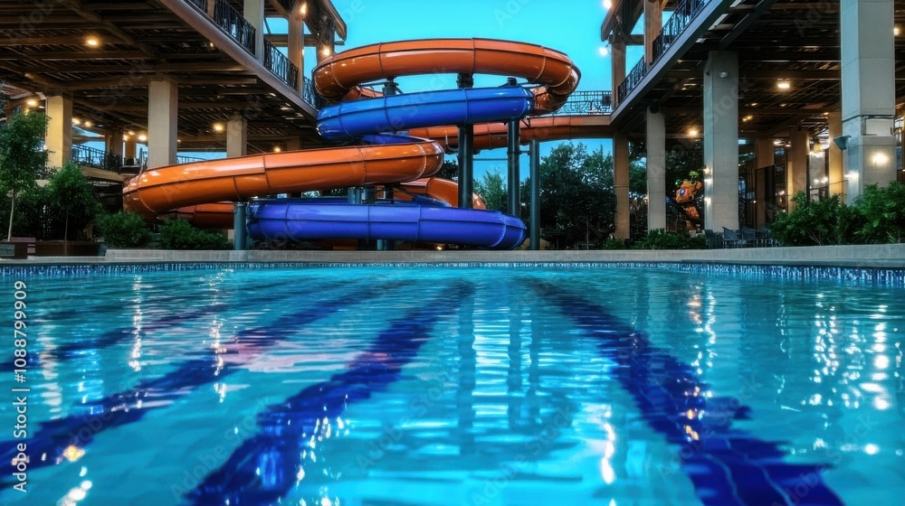 Vibrant orange and blue water slides stand tall over a pool at sunset, setting the scene for summer fun in an amusement park Vibrant orange and blue water slides stand tall over a pool at sunset, setting the scene for summer fun in an amusement park
