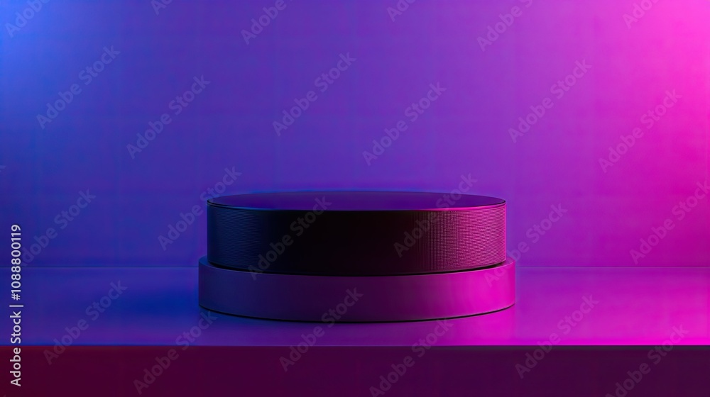 Dark cylinder podium on purple background with neon lighting.