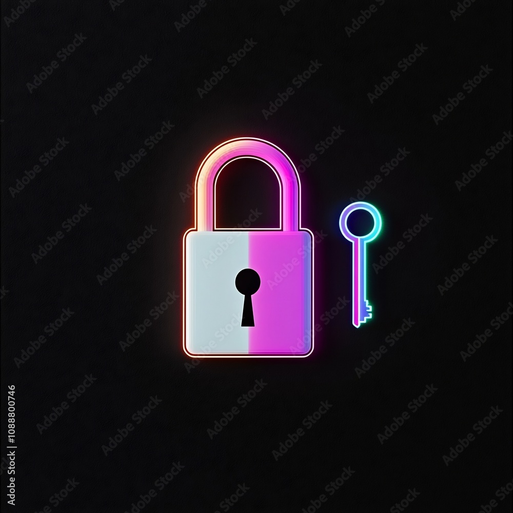 Minimalistic Neon Padlock Icon and Single Key on Dark Background Representing Security and Simplicity Minimalistic Neon Padlock Icon and Single Key on Dark Background Representing Security and Simplicity