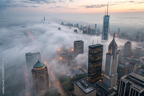 Abstract fog snow cityscape enveloped by clouds, Birdâ€™s eye view of city skyscrapers piercing through swirling clouds, AI Generated