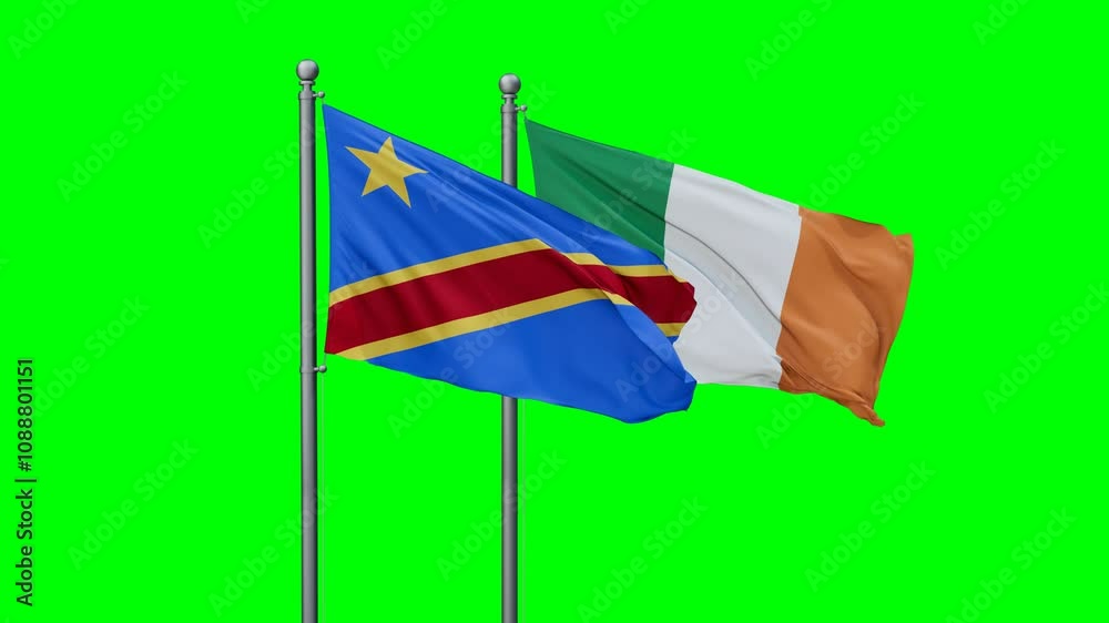 Ireland and Congo-Kinshasa flags flying together, video concept of the relationship with colored chroma key for easy background remove Ireland and Congo-Kinshasa flags flying together, video concept of the relationship with colored chroma key for easy background remove