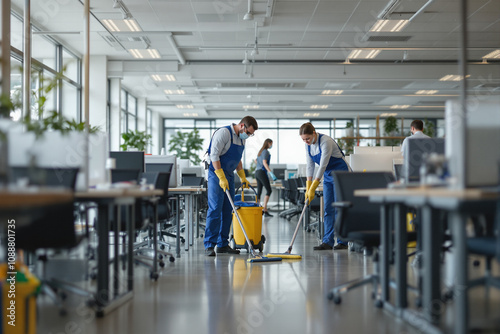 Two professional cleaners use mops and a cart to clean an office space, ensuring a tidy and safe environment