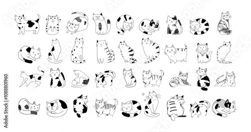 Set of cute cats, kitten line drawing  pet animal collection . Hand drawn, engaving, outline domestic animal isolated on background.