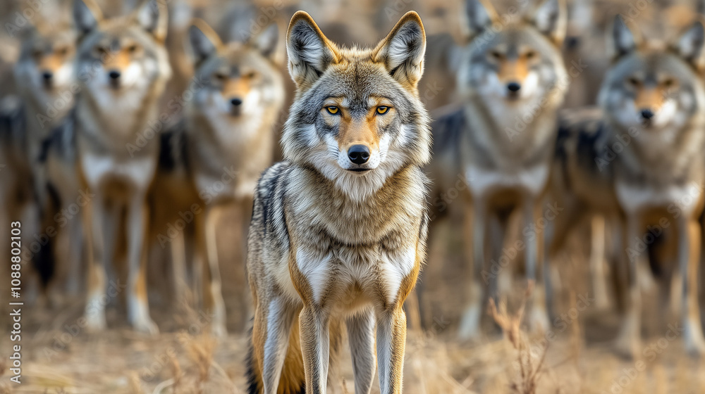 Majestic coyote pack standing in dry grassland Majestic coyote pack standing in dry grassland